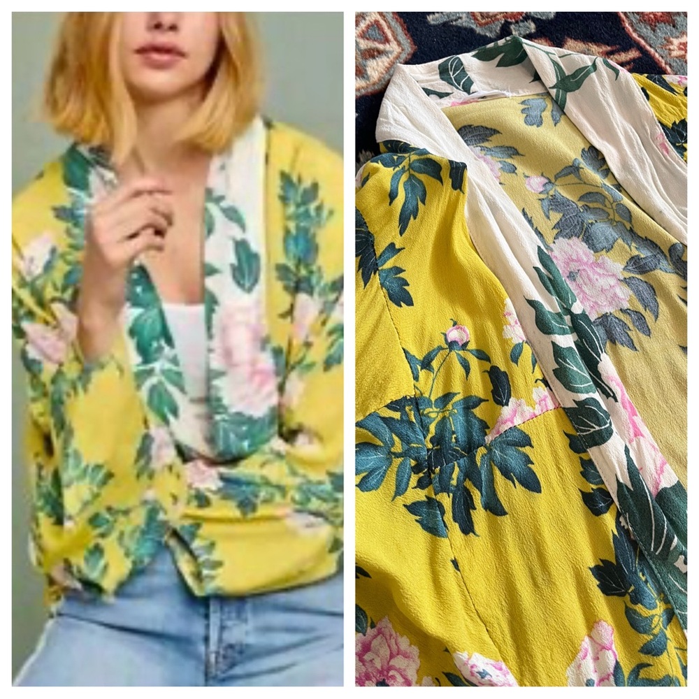 Anthropologie Kimono yellow floral wrap cardigan top flowing OS